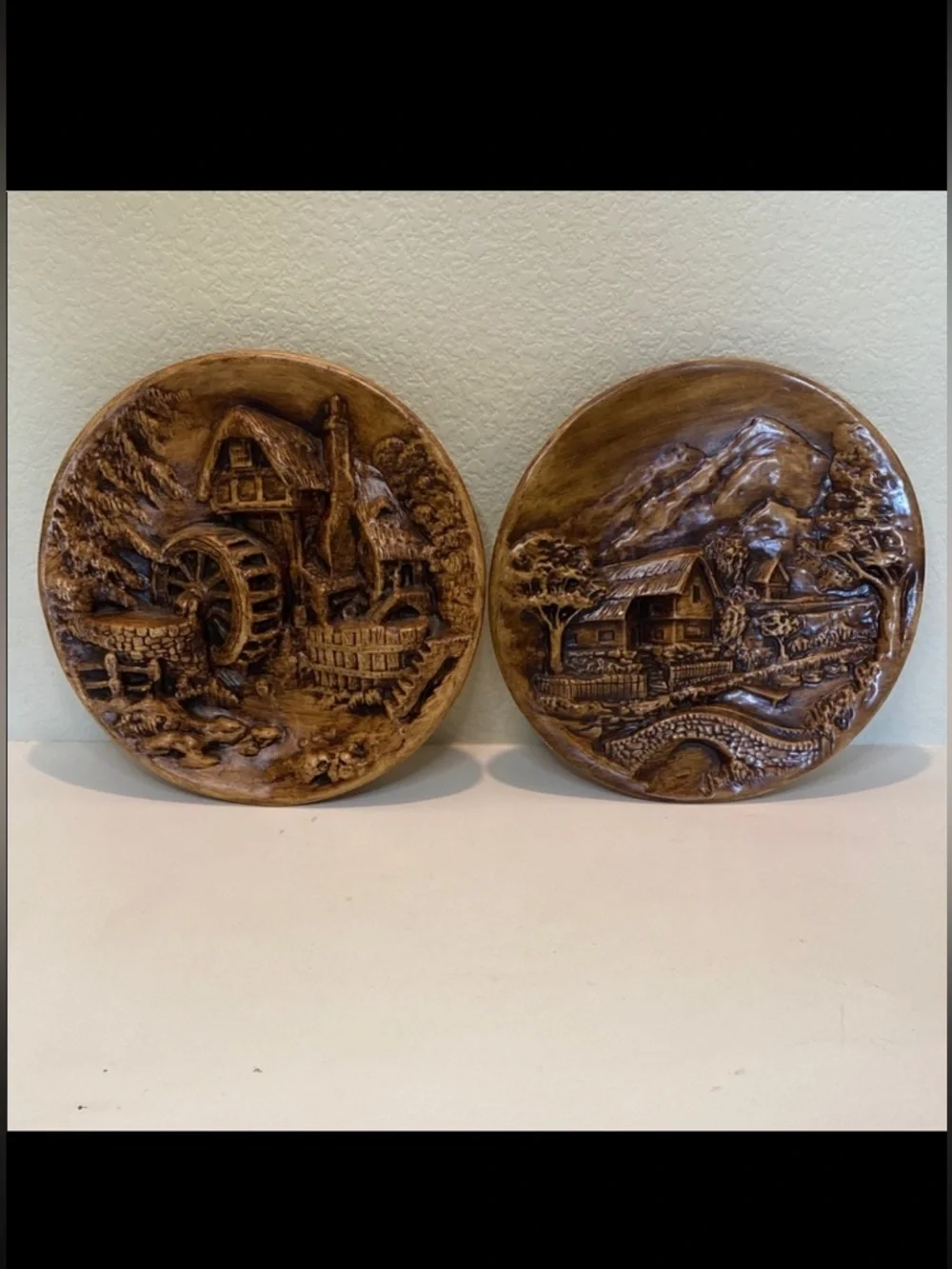 2–Rustic Brown Mid-Century Modern Style Wall Decor Ceramic Chalk-ware Plates.